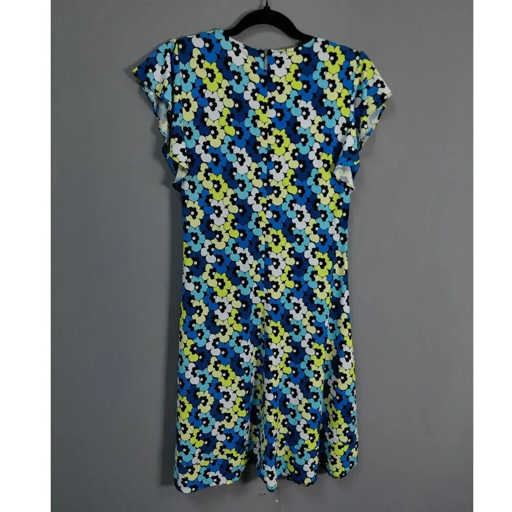Michael Kors Blue Floral V-Neck Cap Sleeve Jersey Dress Women Size S